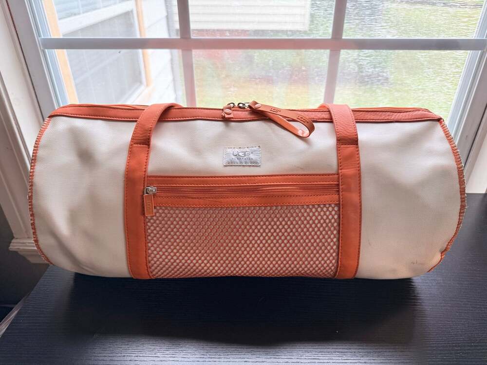 UGG Australia Orange Cream Coated Canvas Faux Leather Barrel Duffel Y2K Bag